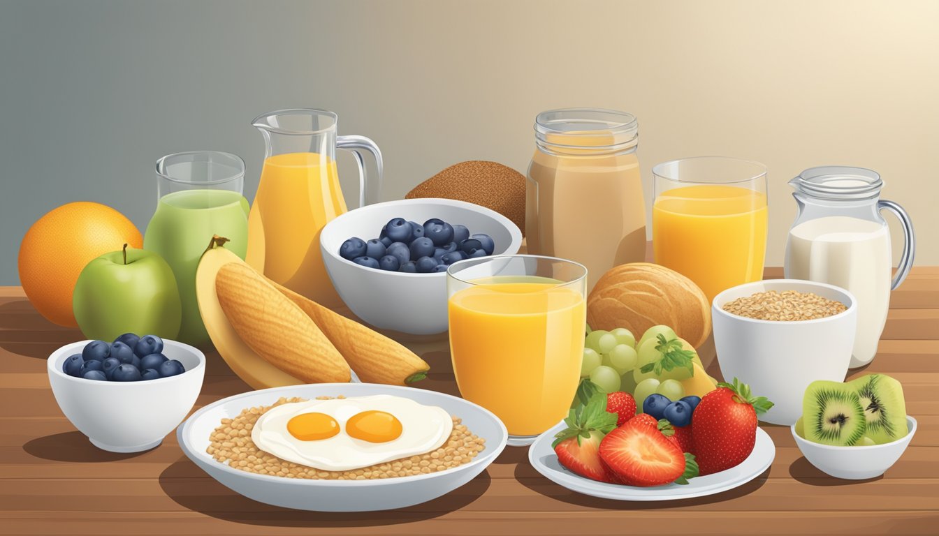 A breakfast table with a variety of healthy food options, including fruits, whole grains, and low-fat dairy products, with a focus on portion control and balanced nutrition