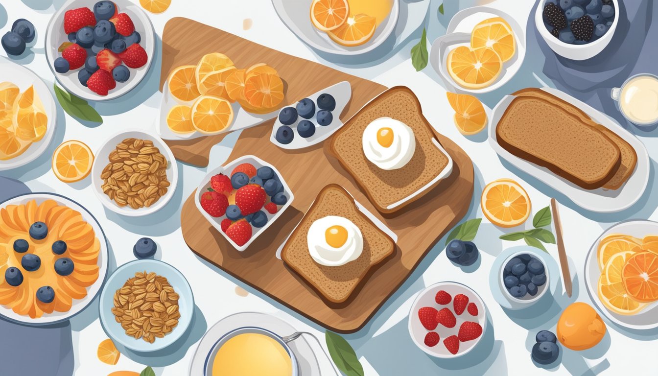 A table set with a variety of diabetic-friendly breakfast options, including whole grain toast, fresh fruit, yogurt, and low-sugar granola