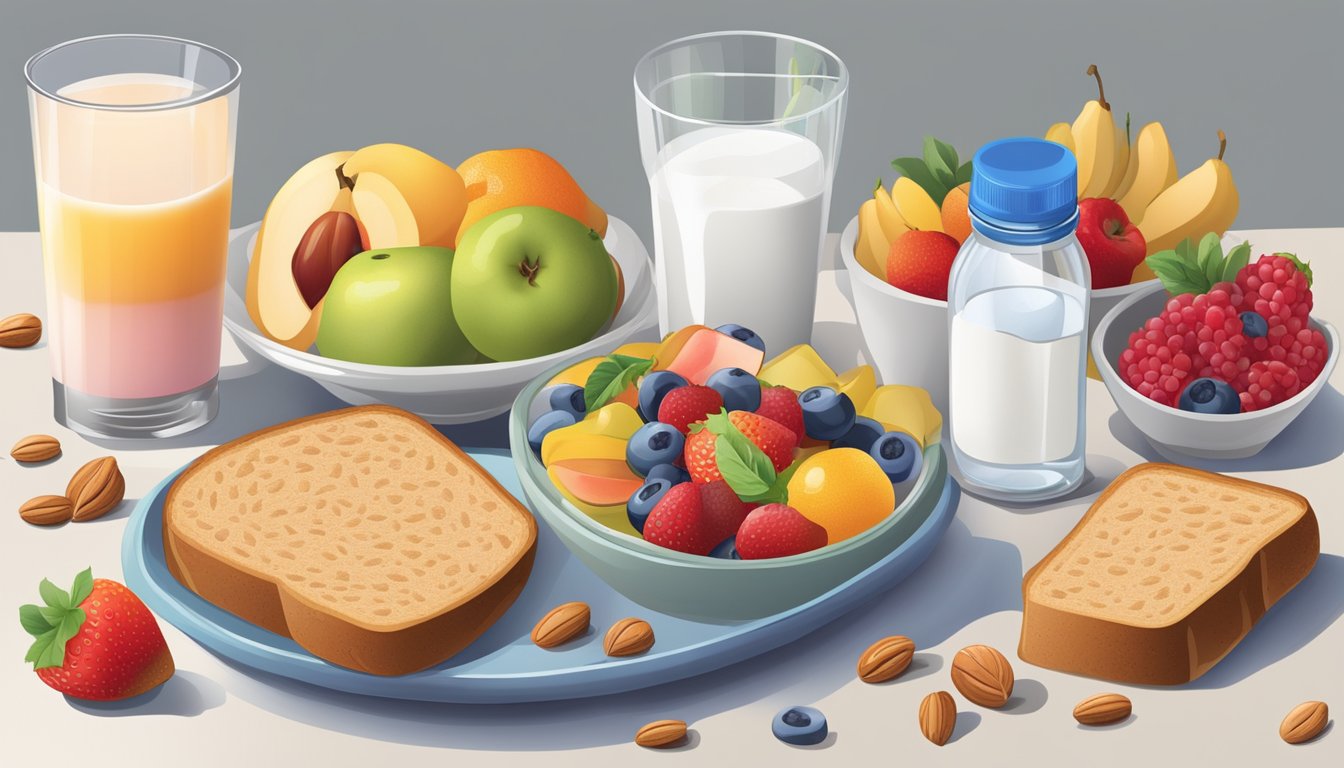 A table set with a colorful array of fruits, whole grain toast, yogurt, and nuts, with a glass of water and a diabetes medication pill bottle nearby