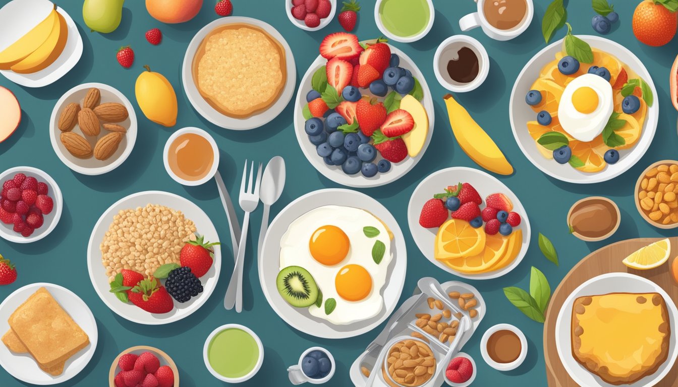 A table set with a colorful array of diabetes-friendly breakfast options, including fruit, whole grains, and protein-rich foods