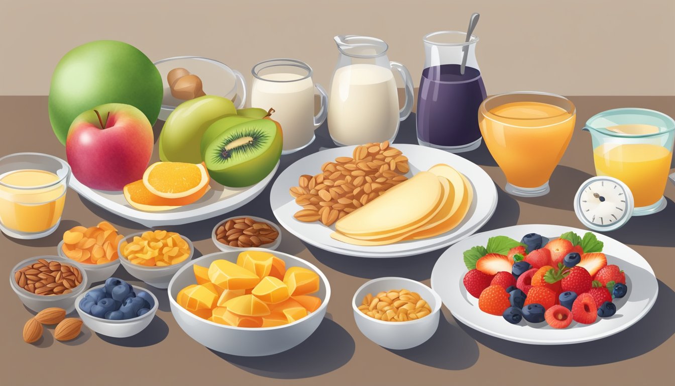 A table set with a colorful array of diabetes-friendly breakfast foods, including fruits, whole grains, and heart-healthy options like nuts and seeds