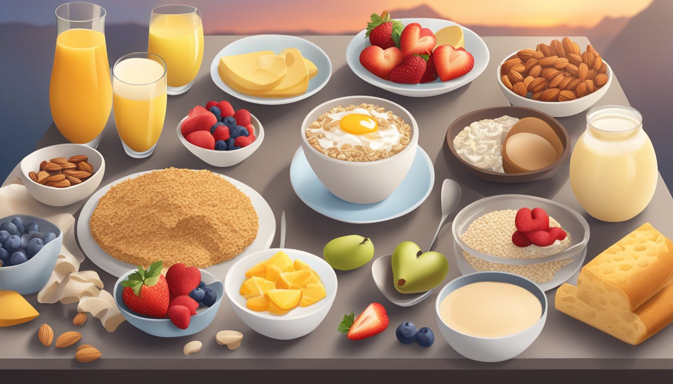 A table with a variety of heart-healthy breakfast options such as whole grains, fruits, nuts, and low-fat dairy, with a background of a sunrise and a heart symbol