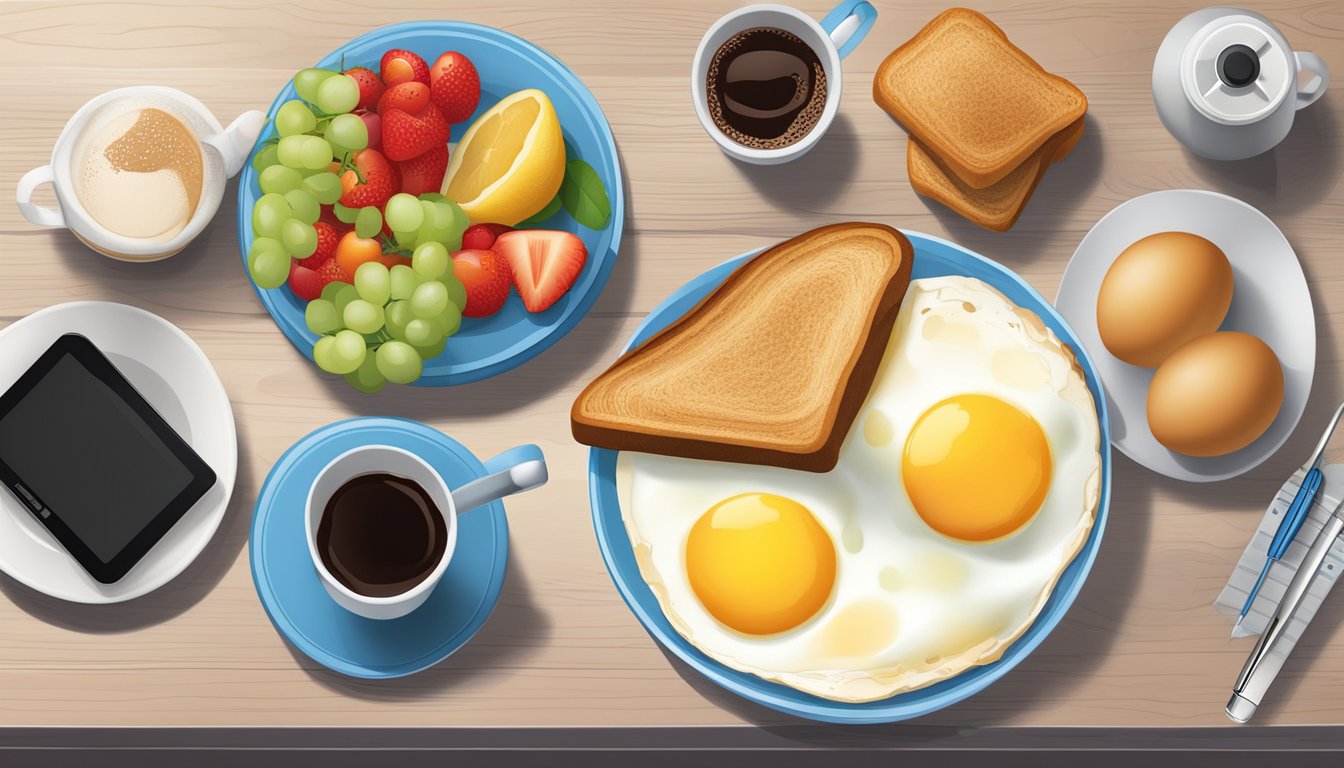 A table set with a breakfast spread, including toast, eggs, fruit, and coffee. A glucose monitor and insulin pen sit nearby