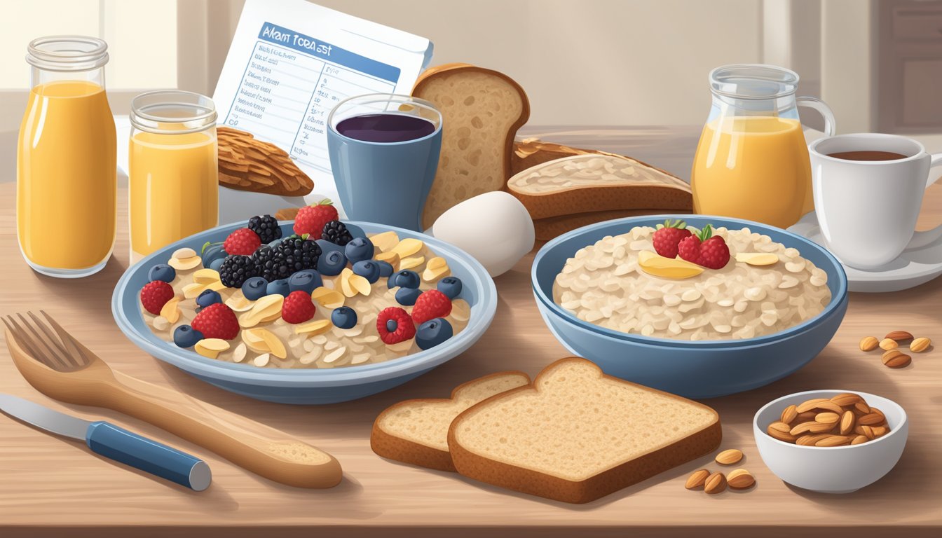 A breakfast table with a variety of heart-healthy foods like oatmeal, berries, nuts, and whole grain toast, with a nutrition label and a carb counting chart nearby