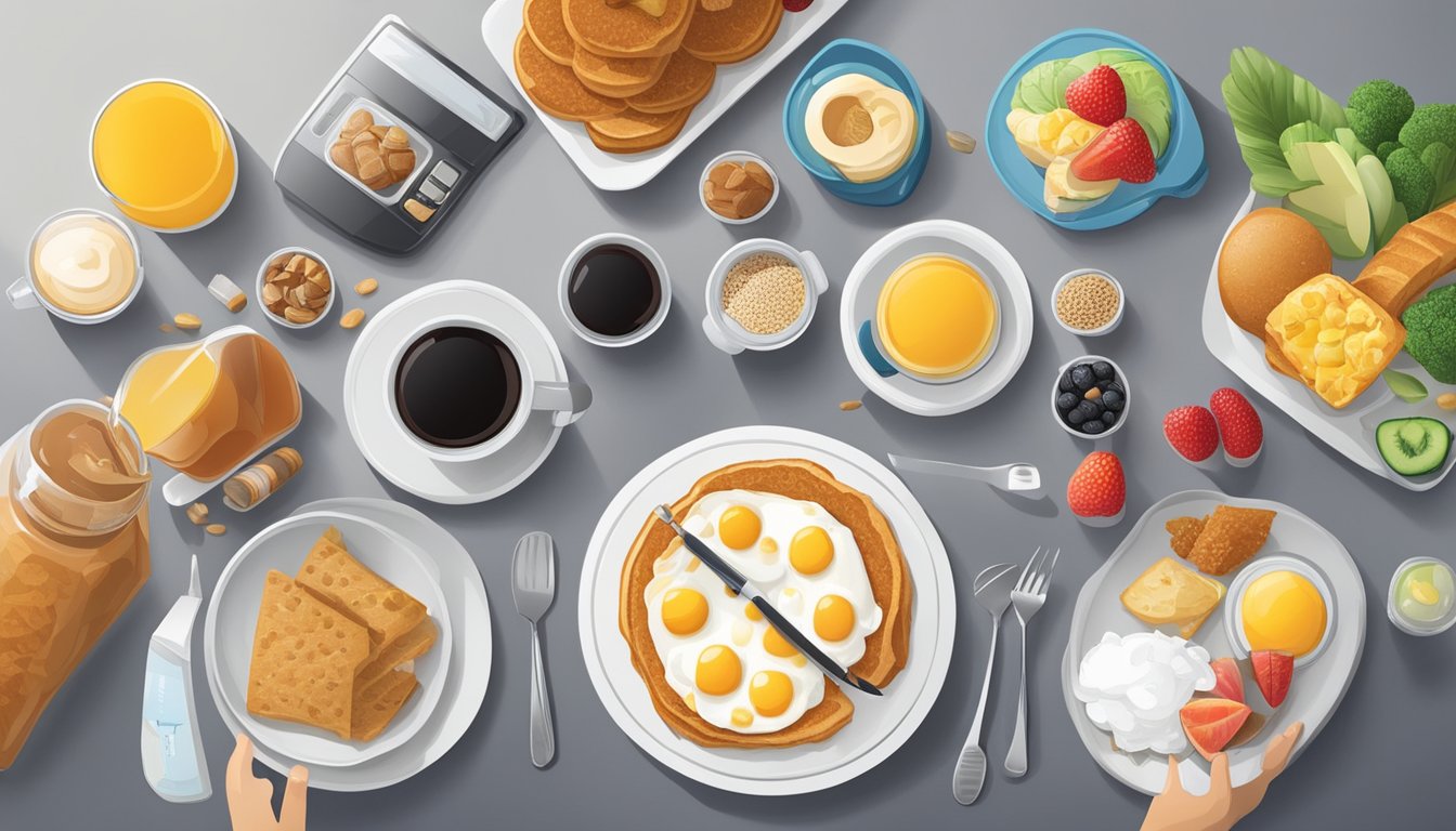 A breakfast table with a variety of foods and drinks, including both natural and artificial sweeteners. Blood sugar monitor and insulin pen are present