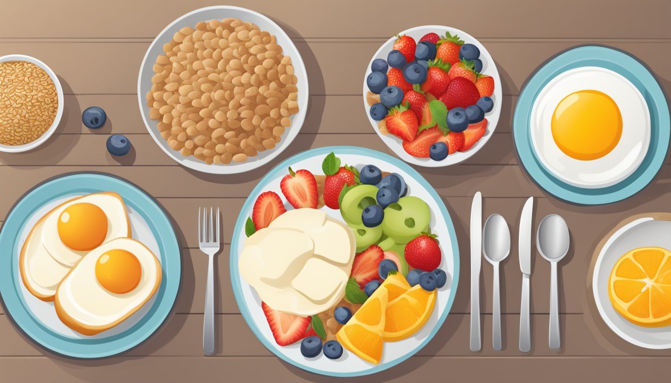 A table set with a balanced breakfast including fruits, whole grains, and protein. A person walking or exercising in the background