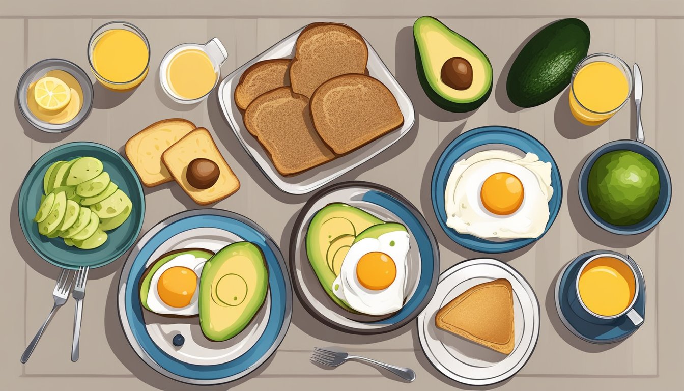 A breakfast table with a balanced spread of protein, healthy fats, and complex carbs, including eggs, avocado, whole grain toast, and fresh fruit