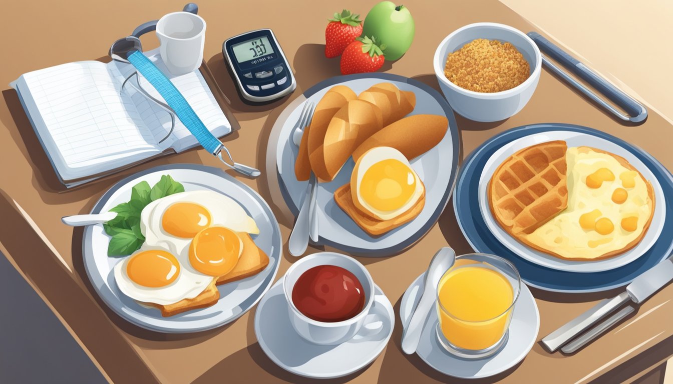 A table set with a balanced breakfast, a blood glucose monitor, and a journal for recording meals and glucose levels