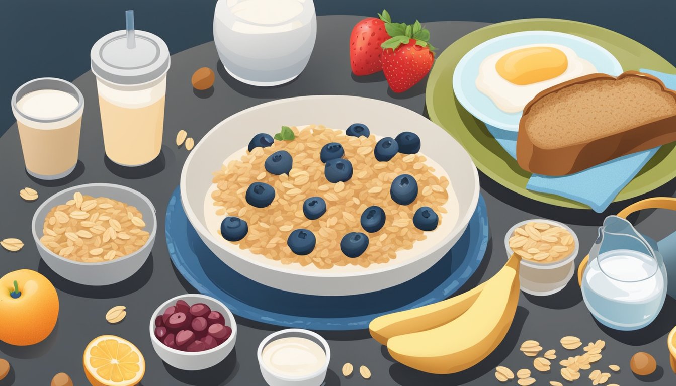 A table set with whole grain bread, oatmeal, fruit, and yogurt, surrounded by athletic gear and a water bottle