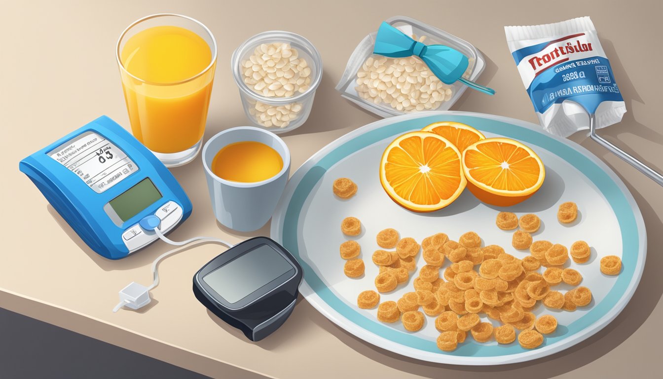 A breakfast table with a bowl of cereal, a glass of orange juice, and a packet of artificial sweetener next to a blood sugar monitoring device