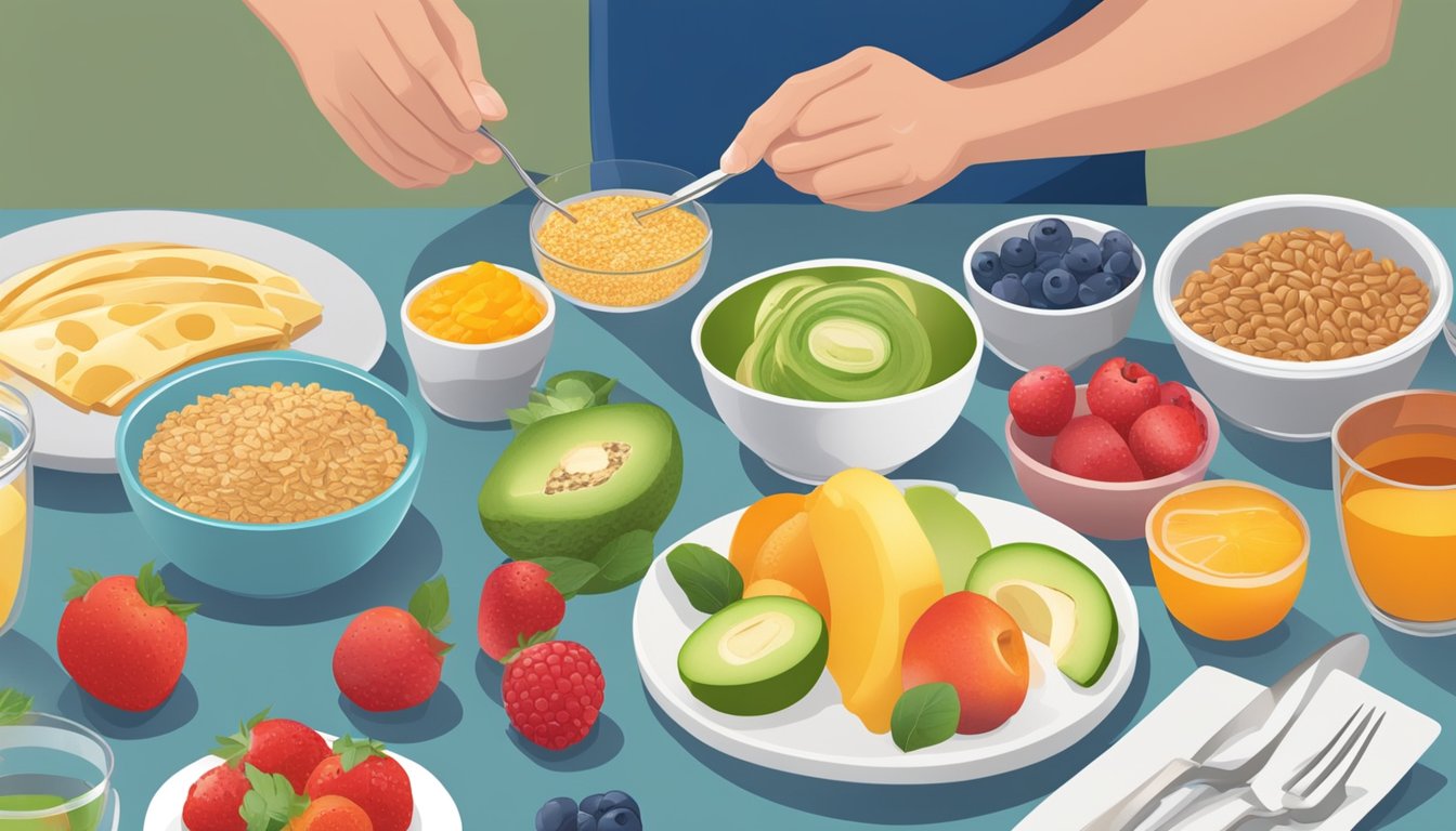 A diabetic athlete preparing a colorful, nutritious breakfast spread featuring fresh fruits, whole grains, and lean protein options