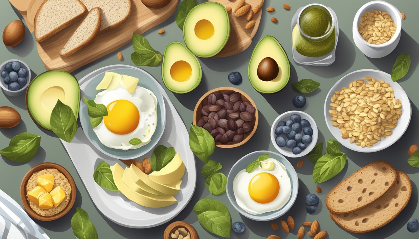 A breakfast table with a variety of healthy fats such as avocado, nuts, and seeds, alongside whole grain bread, eggs, and fresh fruits