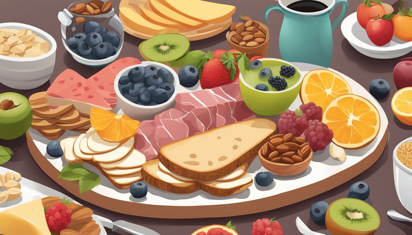 A colorful breakfast charcuterie board with a variety of diabetic-friendly options, including fruits, nuts, whole grain toast, and lean protein