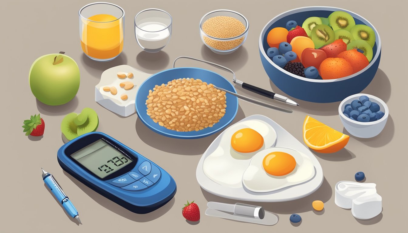 A diabetic athlete preparing a balanced breakfast with whole grains, fruits, and protein. A glucose meter and insulin pen sit nearby for blood sugar monitoring