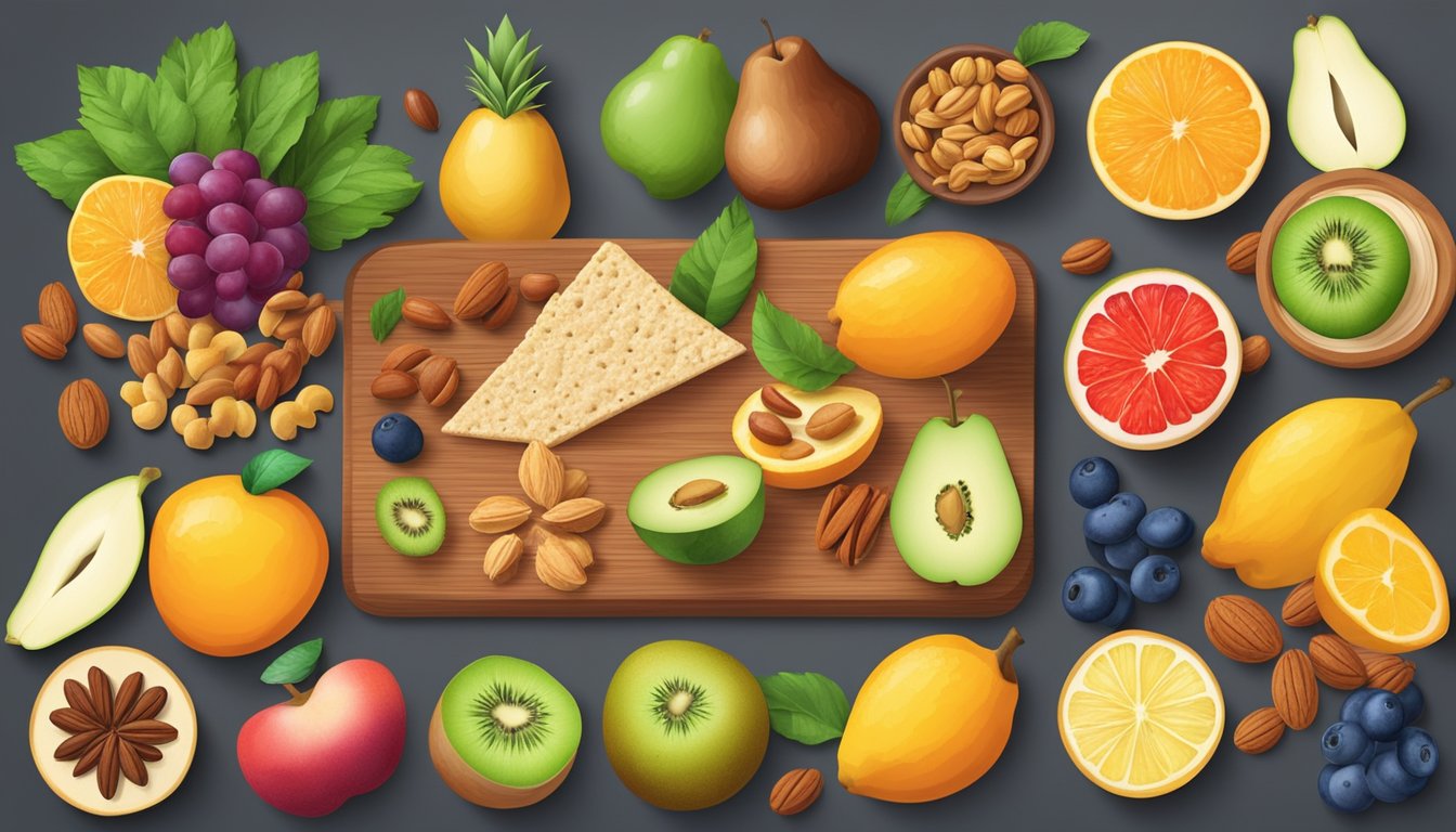 A colorful array of fresh fruits, nuts, whole grain crackers, and lean protein options arranged on a wooden cutting board