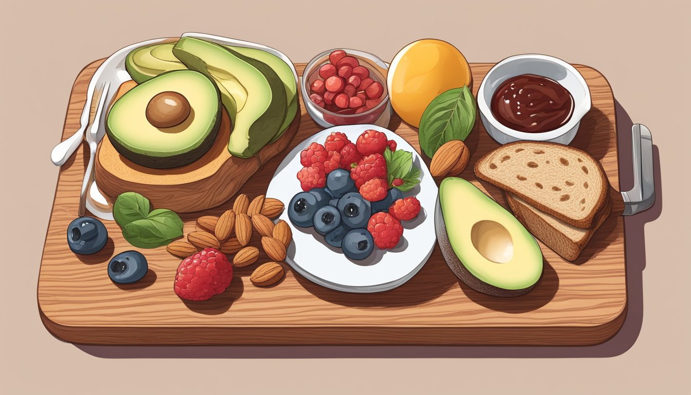 A wooden breakfast charcuterie board with sections for diabetic-friendly foods like eggs, avocado, berries, and nuts, accompanied by whole grain toast and a small dish of sugar-free jam