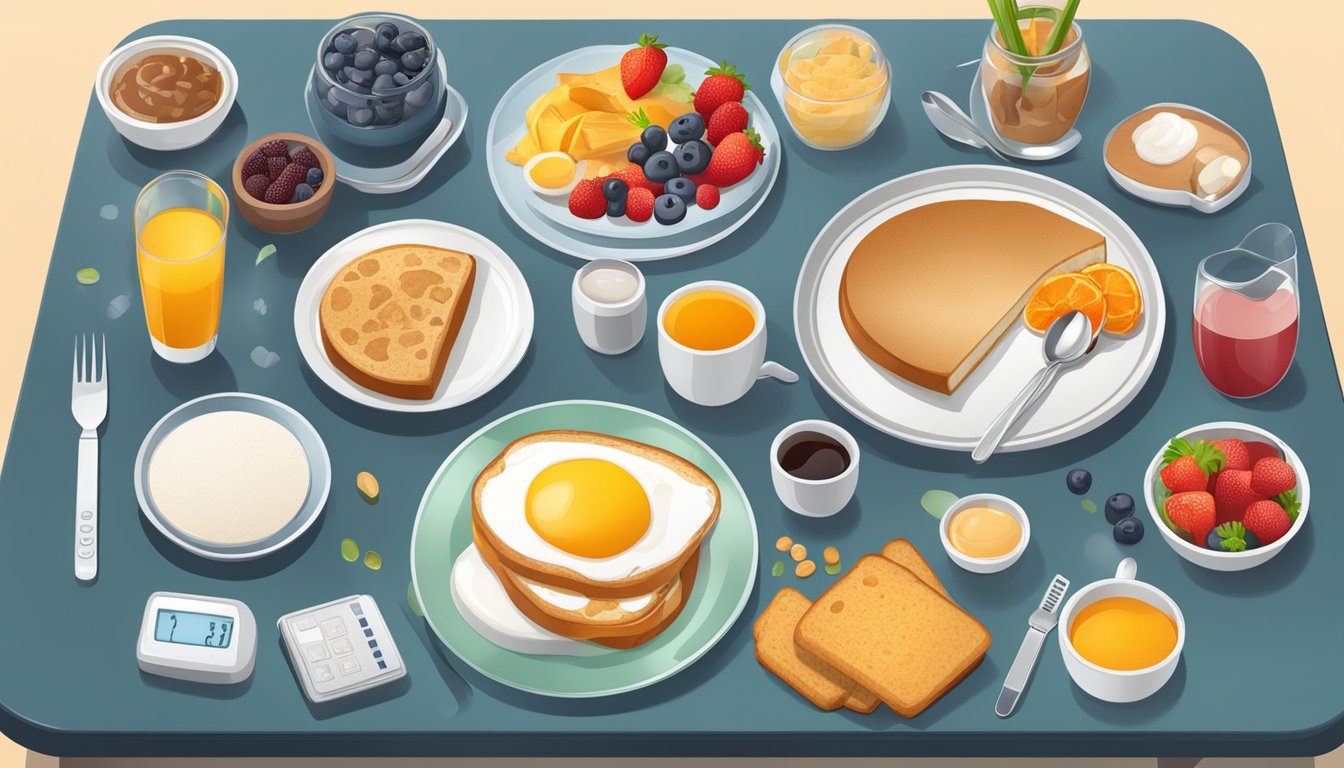 A table set with a balanced diabetic breakfast including foods high in chromium, surrounded by blood sugar monitoring devices