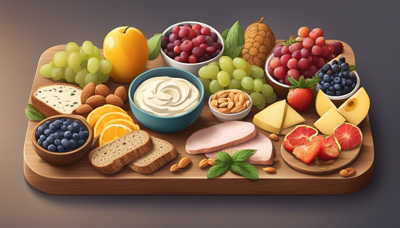 A wooden breakfast charcuterie board filled with a variety of diabetic-friendly foods such as fresh fruits, nuts, whole grain bread, and low-fat cheeses arranged in an appealing and appetizing display