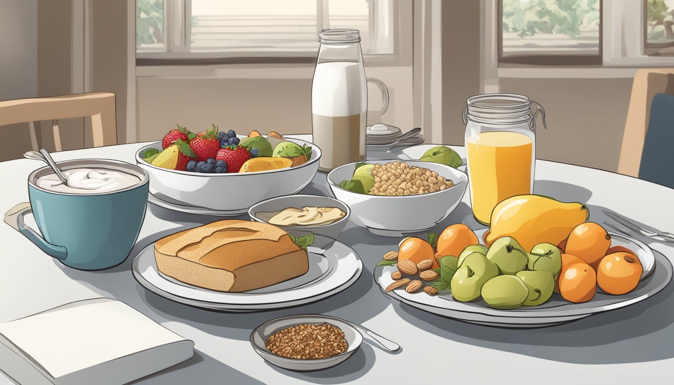 A breakfast table with a variety of healthy food options such as fruits, whole grain bread, yogurt, and nuts. A diabetic neuropathy pamphlet is placed next to the plate