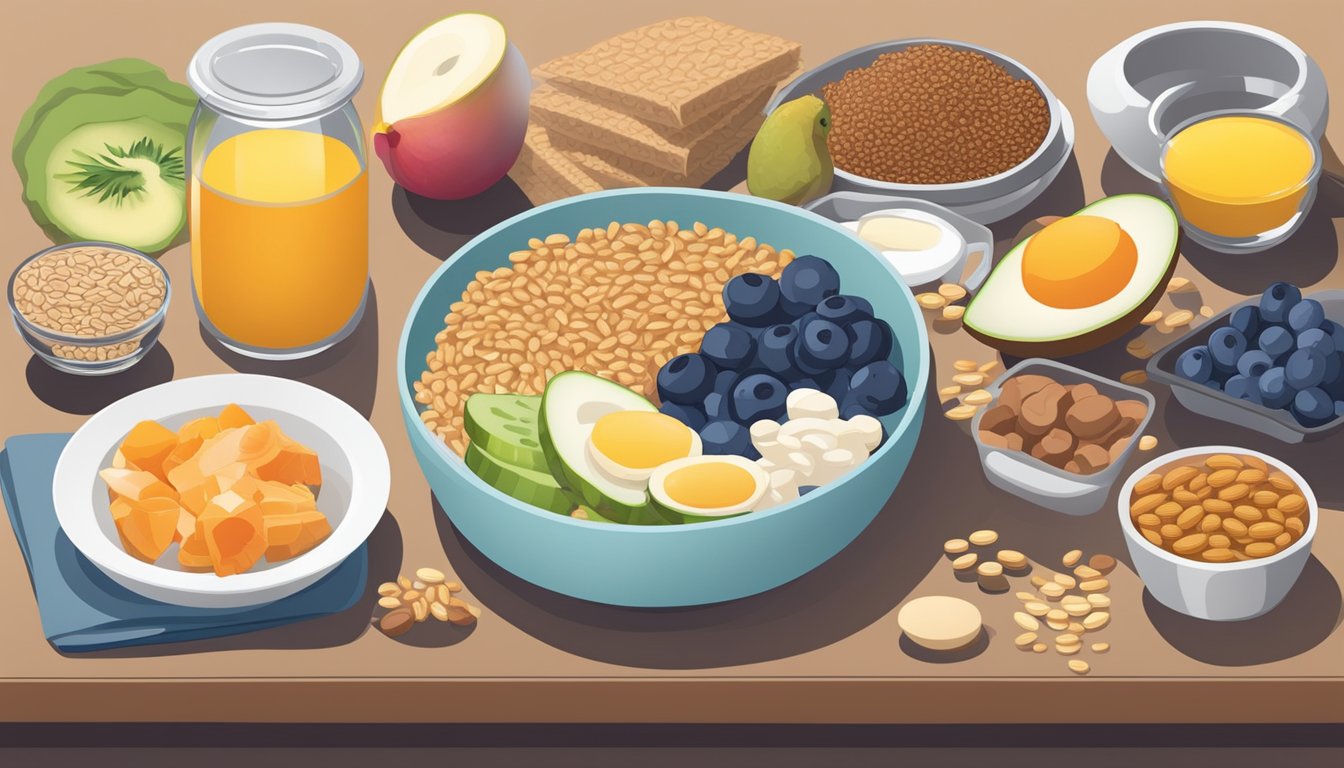 A breakfast table with a variety of foods, including fruits, whole grains, and lean proteins, alongside a bottle of chromium supplements