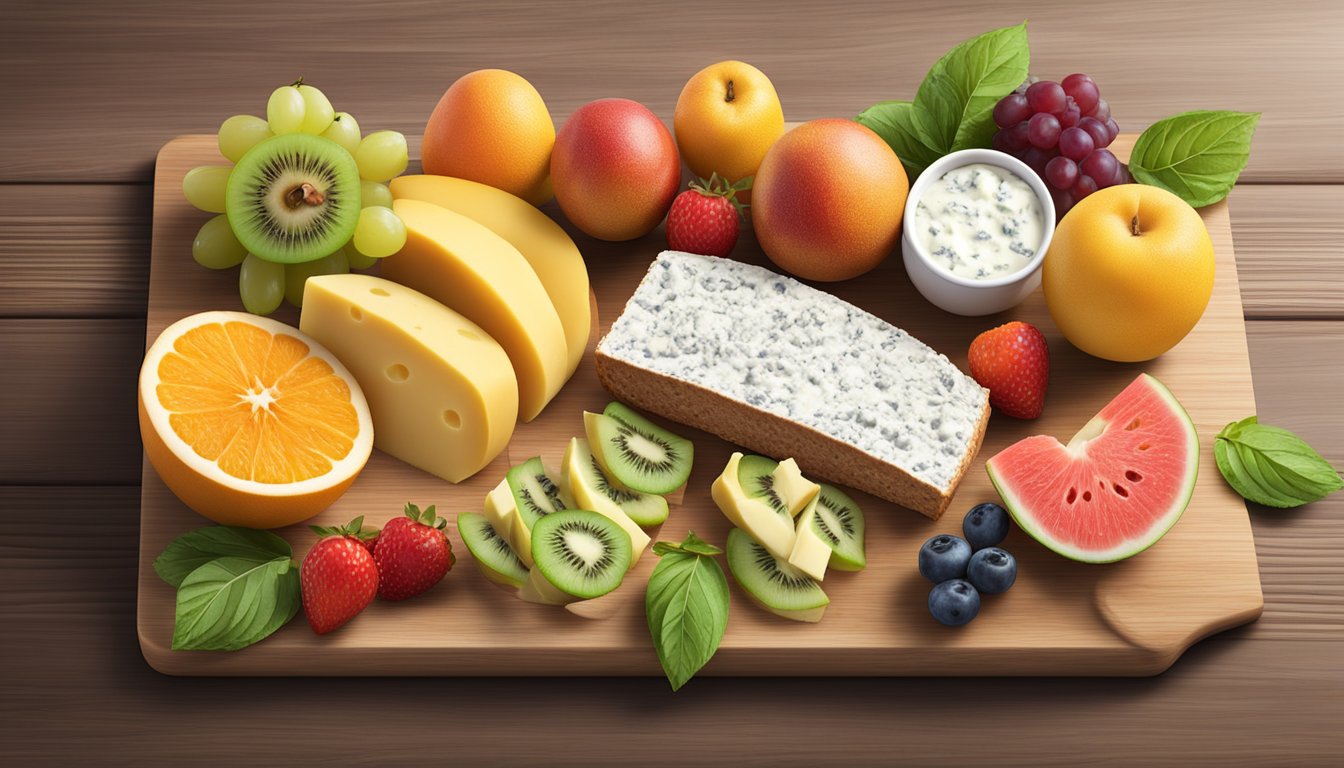 A colorful array of fresh fruits, whole grain bread, low-fat cheeses, and lean protein arranged on a wooden board