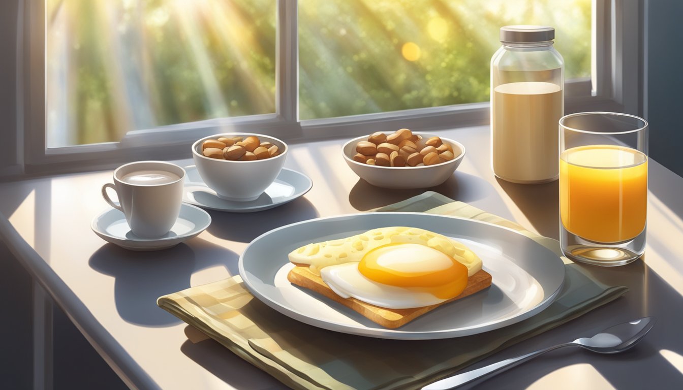 A breakfast table with a plate of food, a glass of water, and a bottle of chromium supplements. The morning sunlight streams through a window onto the table