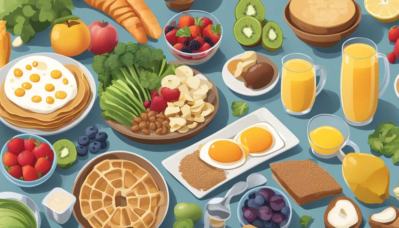 A breakfast table with a variety of healthy food options such as fruits, vegetables, whole grains, and lean proteins, with a focus on portion control and balanced nutrients