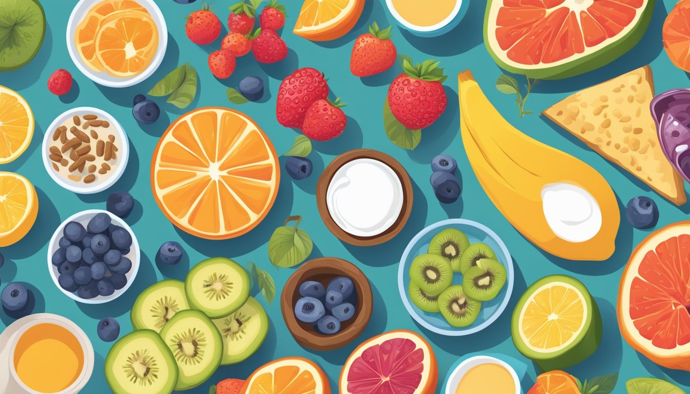 A colorful and vibrant illustration of a healthy gut surrounded by various diabetic-friendly breakfast choices such as fruits, whole grains, and yogurt