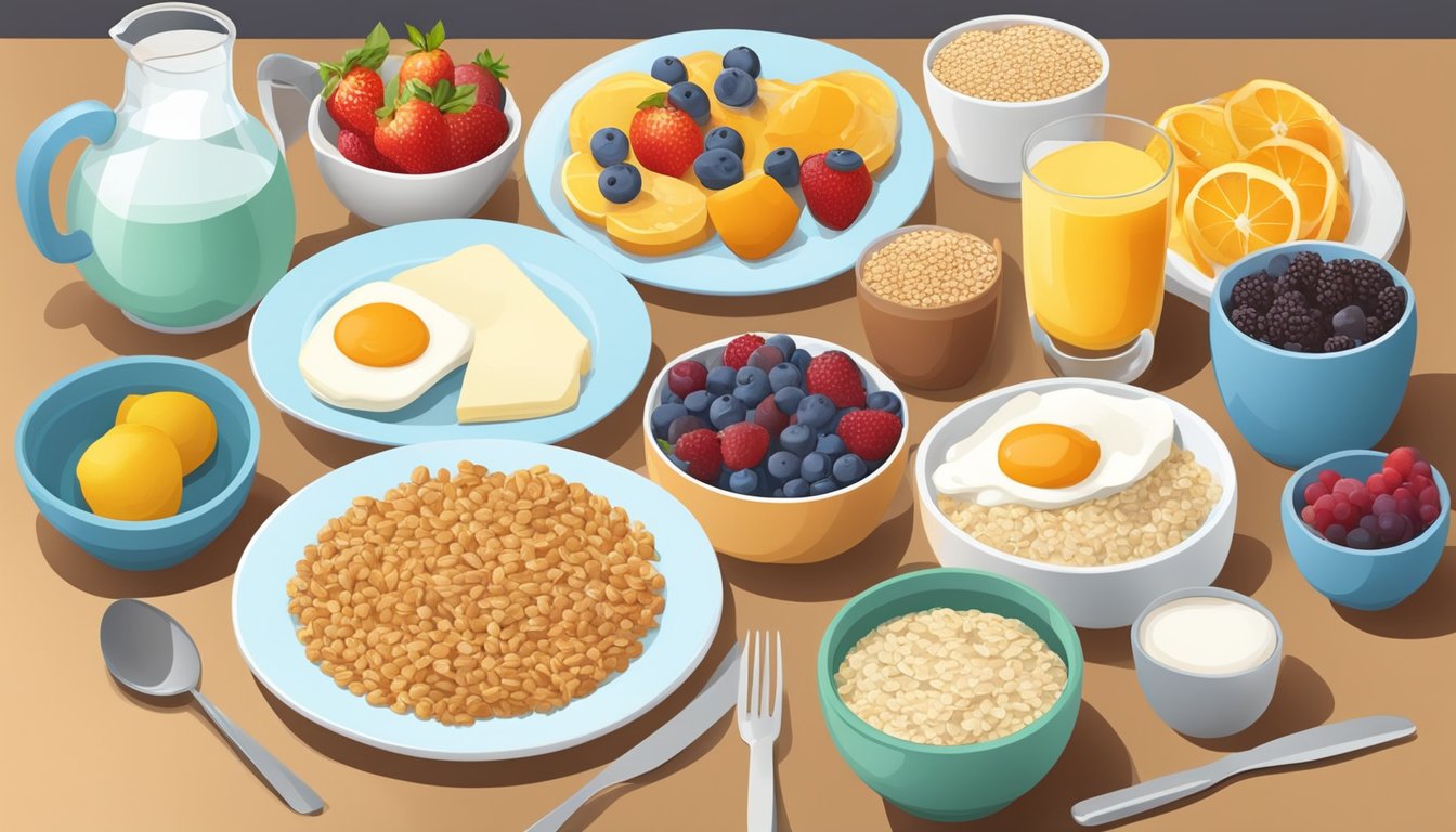 A colorful breakfast spread with a variety of diabetic-friendly foods, including whole grains, fruits, and low-fat dairy products, arranged on a table