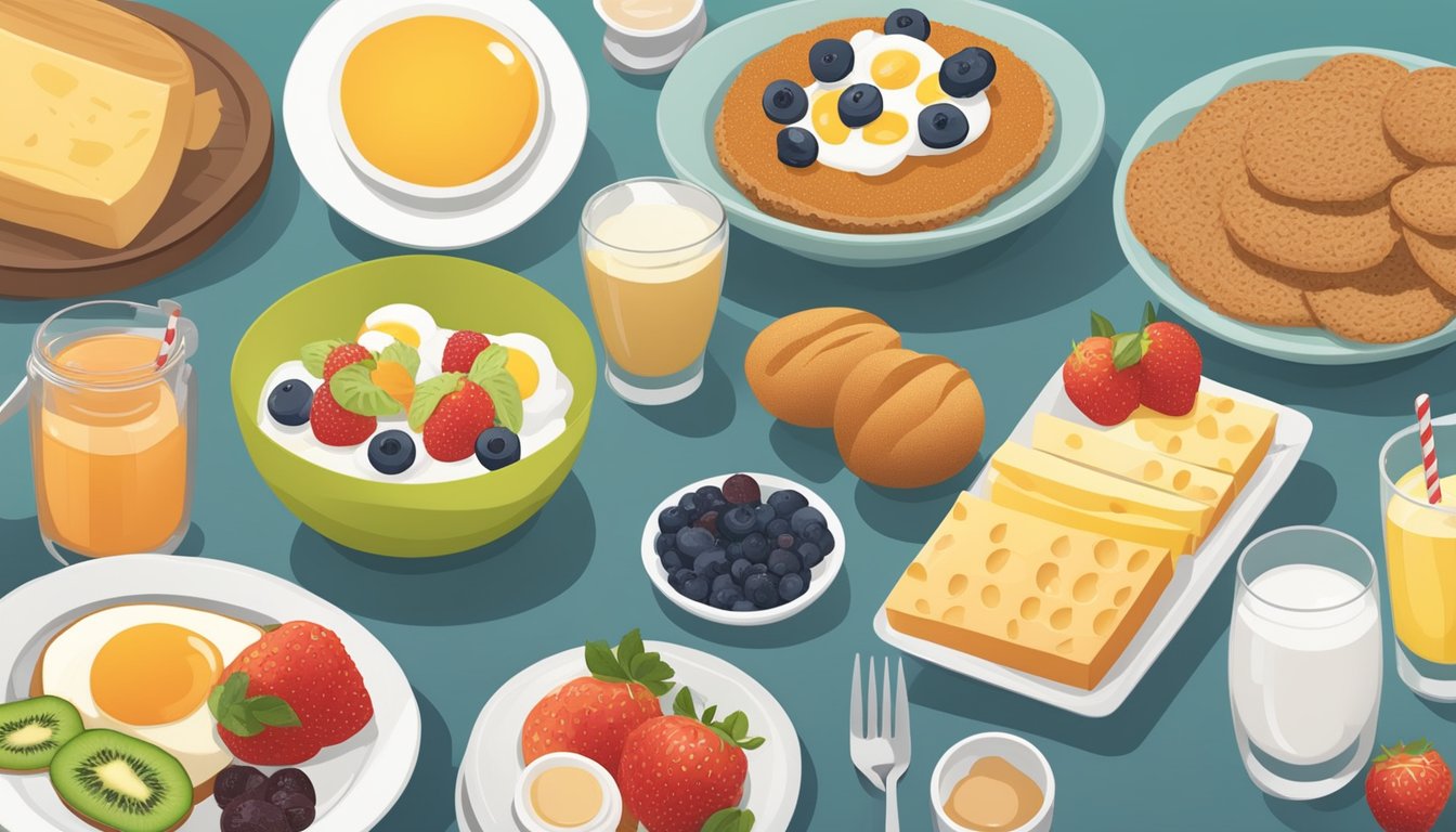 A table set with a variety of breakfast foods, including fruits, whole grains, and sugar-free options, with a focus on balancing sweetness and flavor for different types of diabetes