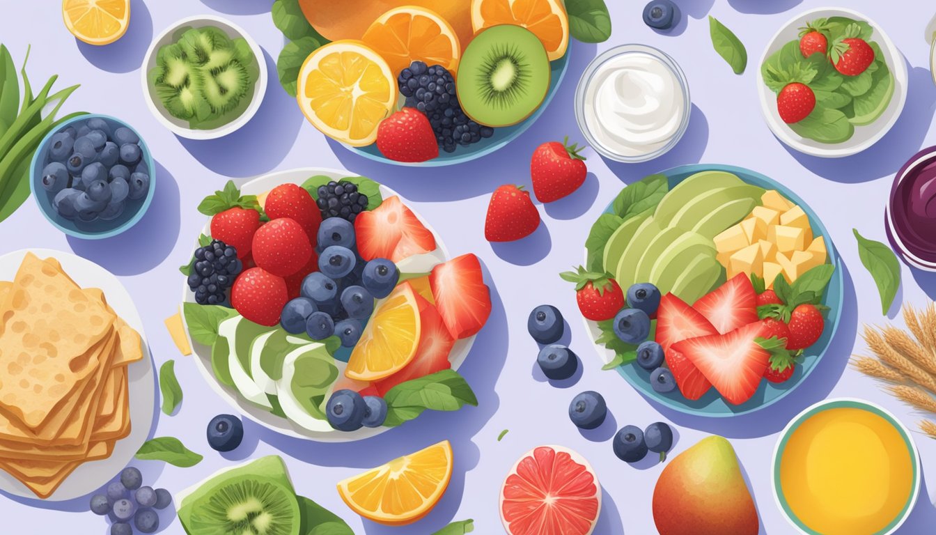 A colorful breakfast table with a variety of healthy food options, including fruits, vegetables, whole grains, and probiotic-rich yogurt, with a focus on gut-friendly choices