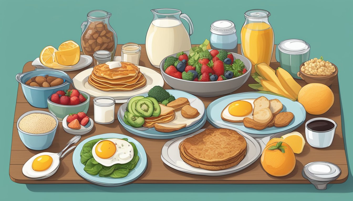 A breakfast table with various food options tailored for different types of diabetes, including low-carb, high-fiber, and low-sugar choices