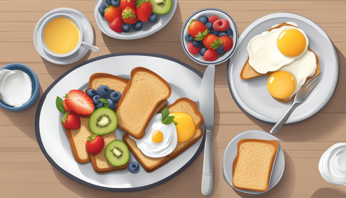 A table with a spread of diabetes-friendly breakfast options, including whole grain toast, fresh fruit, yogurt, and eggs