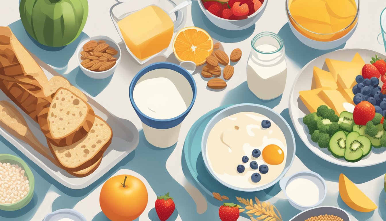 A colorful breakfast table with a variety of foods such as whole grains, fruits, vegetables, dairy, and lean proteins. A glass of milk and a bowl of yogurt are present to support bone health