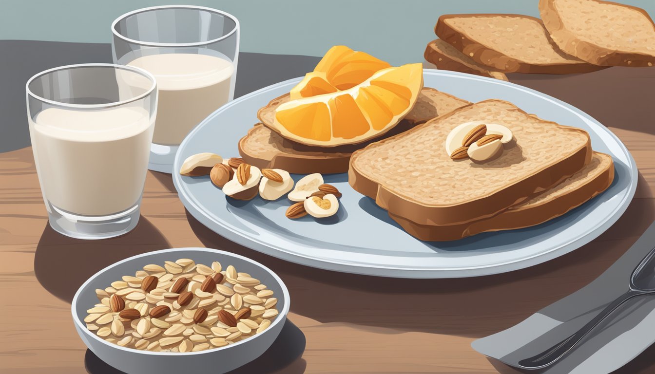 A breakfast table with whole grain toast, oatmeal, and fruit, alongside a glass of milk and a bowl of nuts and seeds