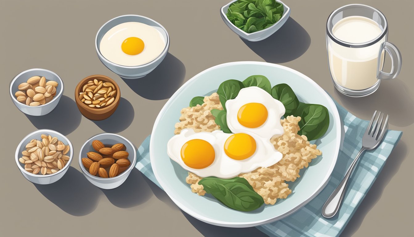 A table set with a variety of protein-rich breakfast options such as eggs, yogurt, nuts, and spinach, alongside a glass of milk and a bowl of oatmeal