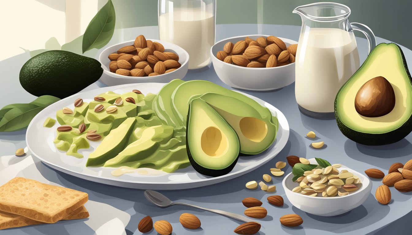 A breakfast table with a variety of foods such as avocados, nuts, seeds, and olive oil, all rich in healthy fats, alongside a glass of milk or fortified plant-based milk