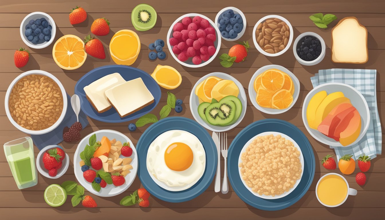 A table set with a colorful array of fiber-filled breakfast options, including whole grains, fruits, and dairy products, with a focus on foods that support bone health for diabetics