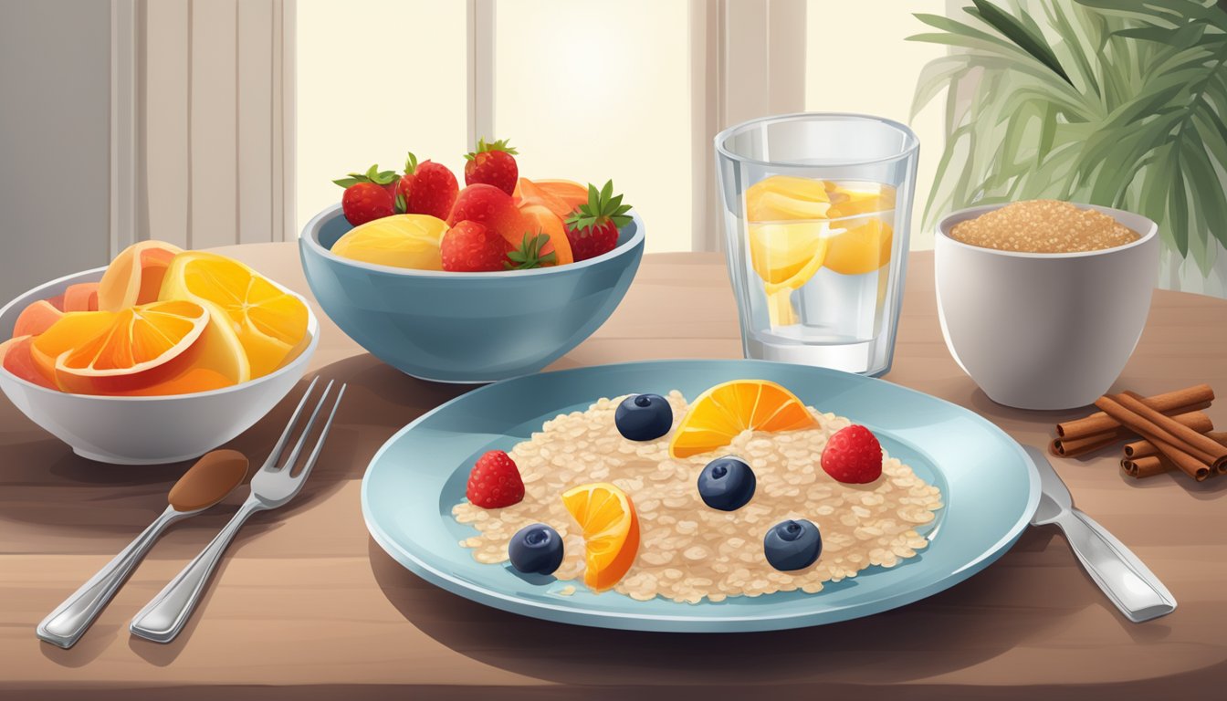 A breakfast table with a bowl of oatmeal topped with cinnamon, a plate of sliced fruit, and a glass of water