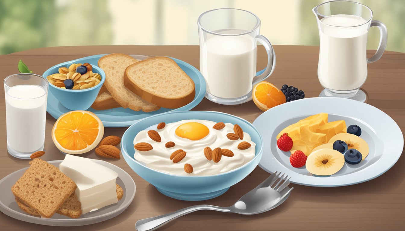 A table set with a variety of breakfast options, including yogurt, oatmeal, nuts, and fruits, with a glass of milk and a plate of whole grain toast