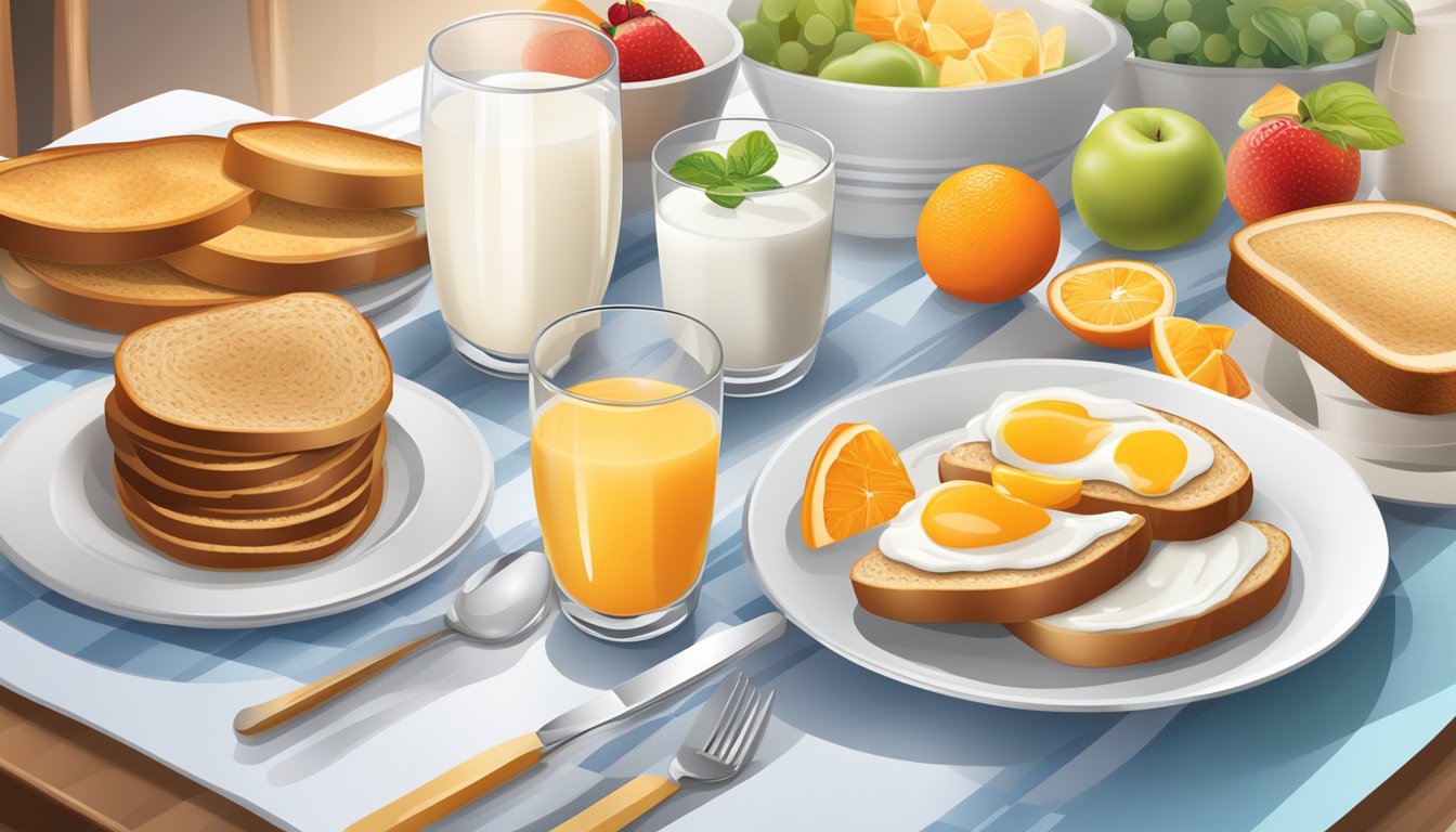 A breakfast table with a variety of low-sugar options such as yogurt, fruits, and whole grain toast, accompanied by a glass of milk or fortified orange juice