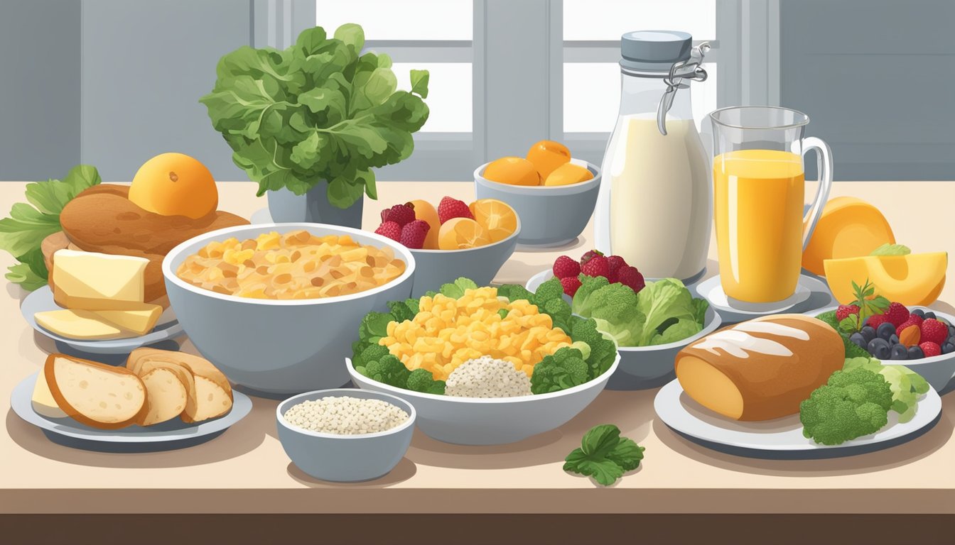 A breakfast table with a variety of foods, including dairy products, fruits, whole grains, and leafy greens, arranged to illustrate portion and meal planning for bone health in diabetics