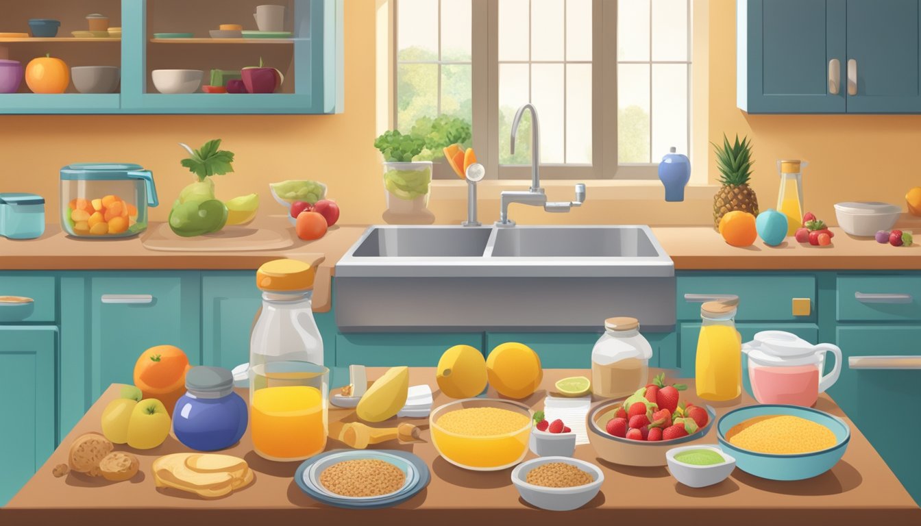 A colorful kitchen scene with a child-friendly breakfast spread including fruits, whole grains, and low-sugar options, with a diabetic child's medical supplies discreetly placed nearby