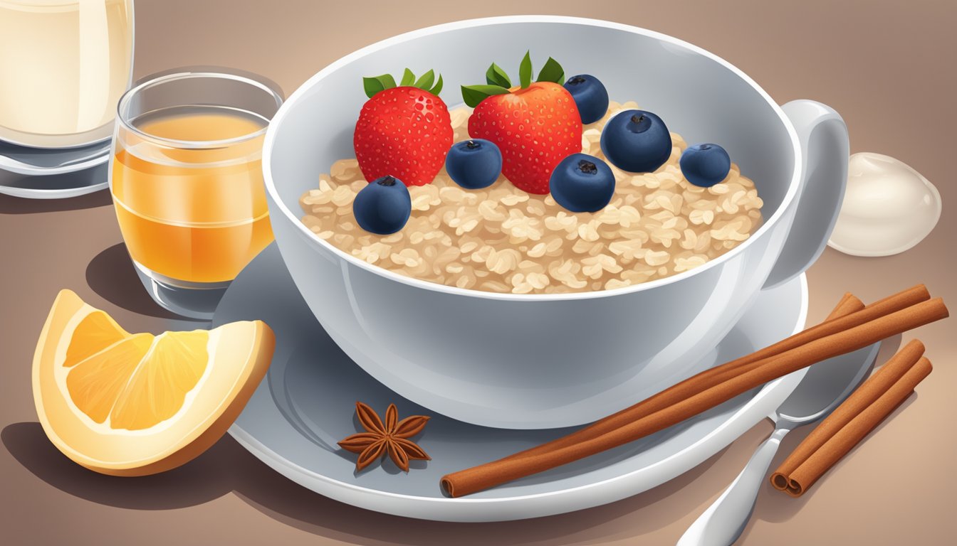 A table set with a breakfast scene including a bowl of oatmeal topped with cinnamon, a plate of fruit, and a glass of water