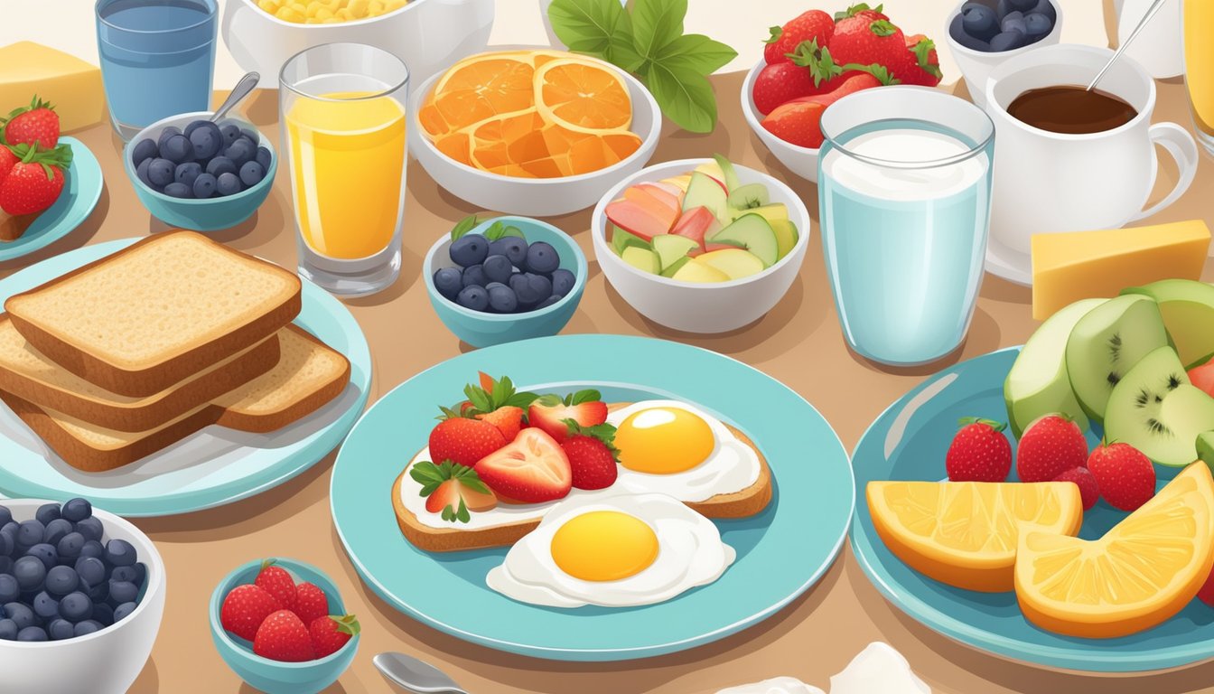 A colorful breakfast table with a variety of diabetic-friendly foods, such as whole grain toast, fresh fruit, yogurt, and eggs