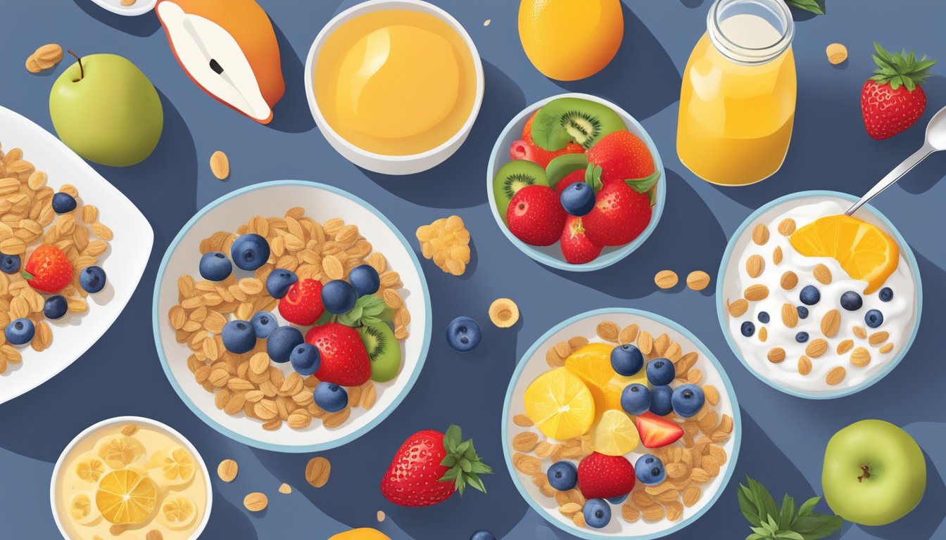 A colorful array of fresh fruits, whole grain cereals, and low-sugar yogurt arranged on a bright and cheerful breakfast table