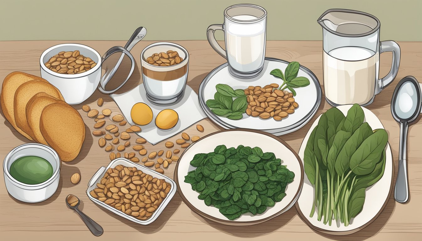 A table set with a breakfast spread of foods rich in magnesium, such as spinach, almonds, and whole grain cereal. A magnifying glass highlights the mineral's importance