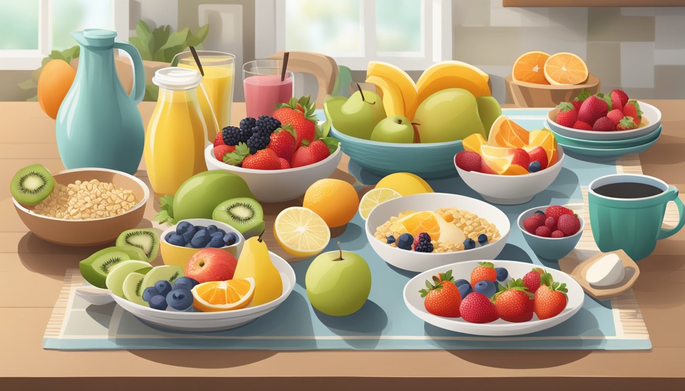 A cheerful kitchen with colorful, healthy breakfast options laid out on the table, including fruits, whole grains, and low-sugar options