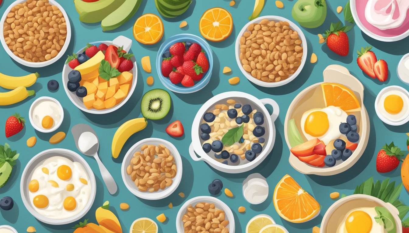 A colorful kitchen counter with a variety of healthy breakfast options, such as fruits, whole grain cereals, and low-sugar yogurt, arranged attractively