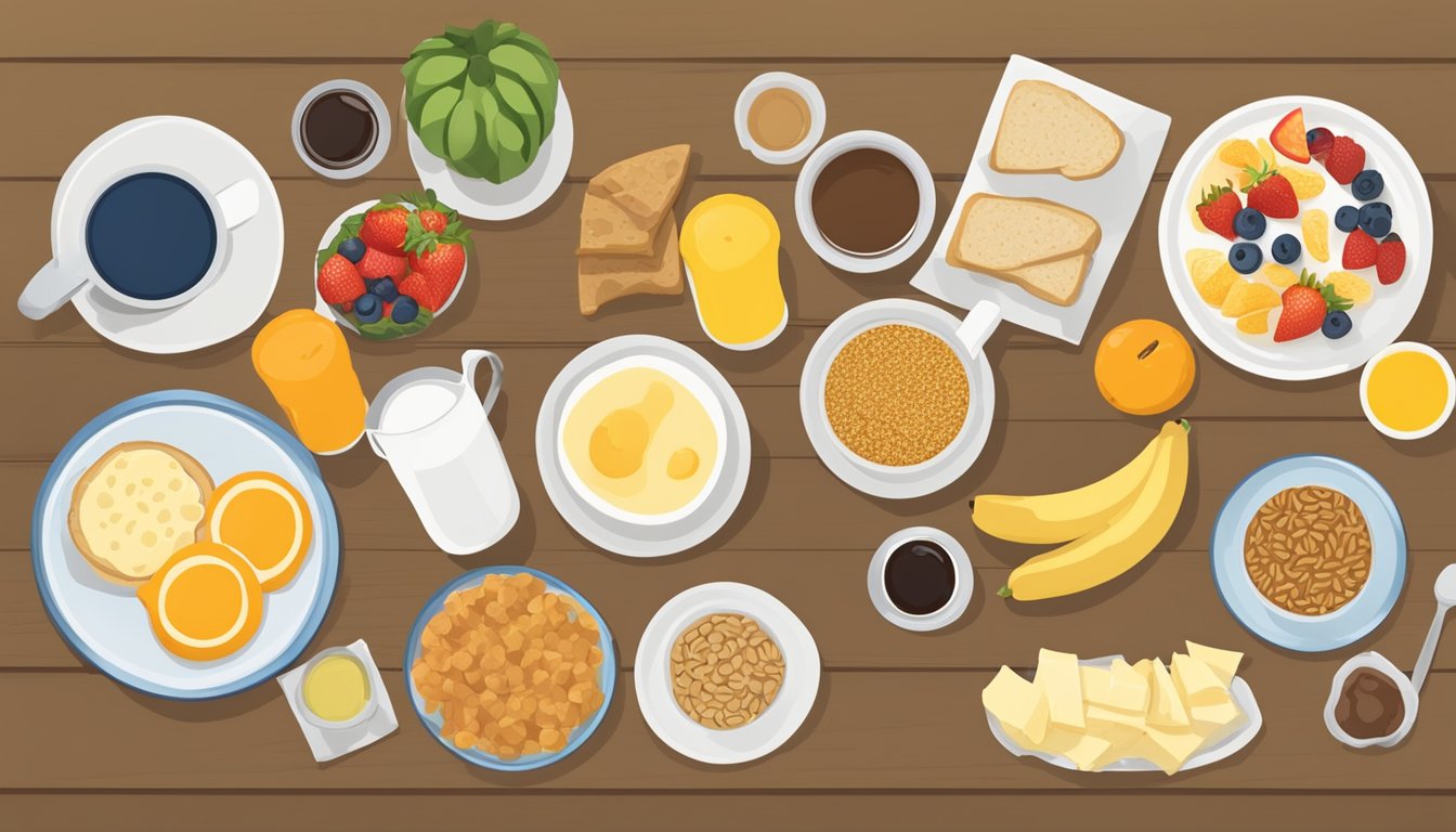 A table with a variety of breakfast foods, including fruits, whole grains, and protein options, with a clock indicating the time for breakfast